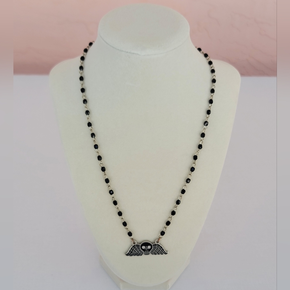 Memento Mori Deathshead Winged Skull Necklace By Verona Black